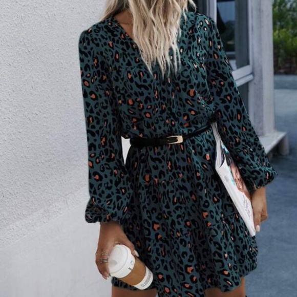 Khaki Leopard Animal Print V neck Mini Dress - Picture 3 of 6